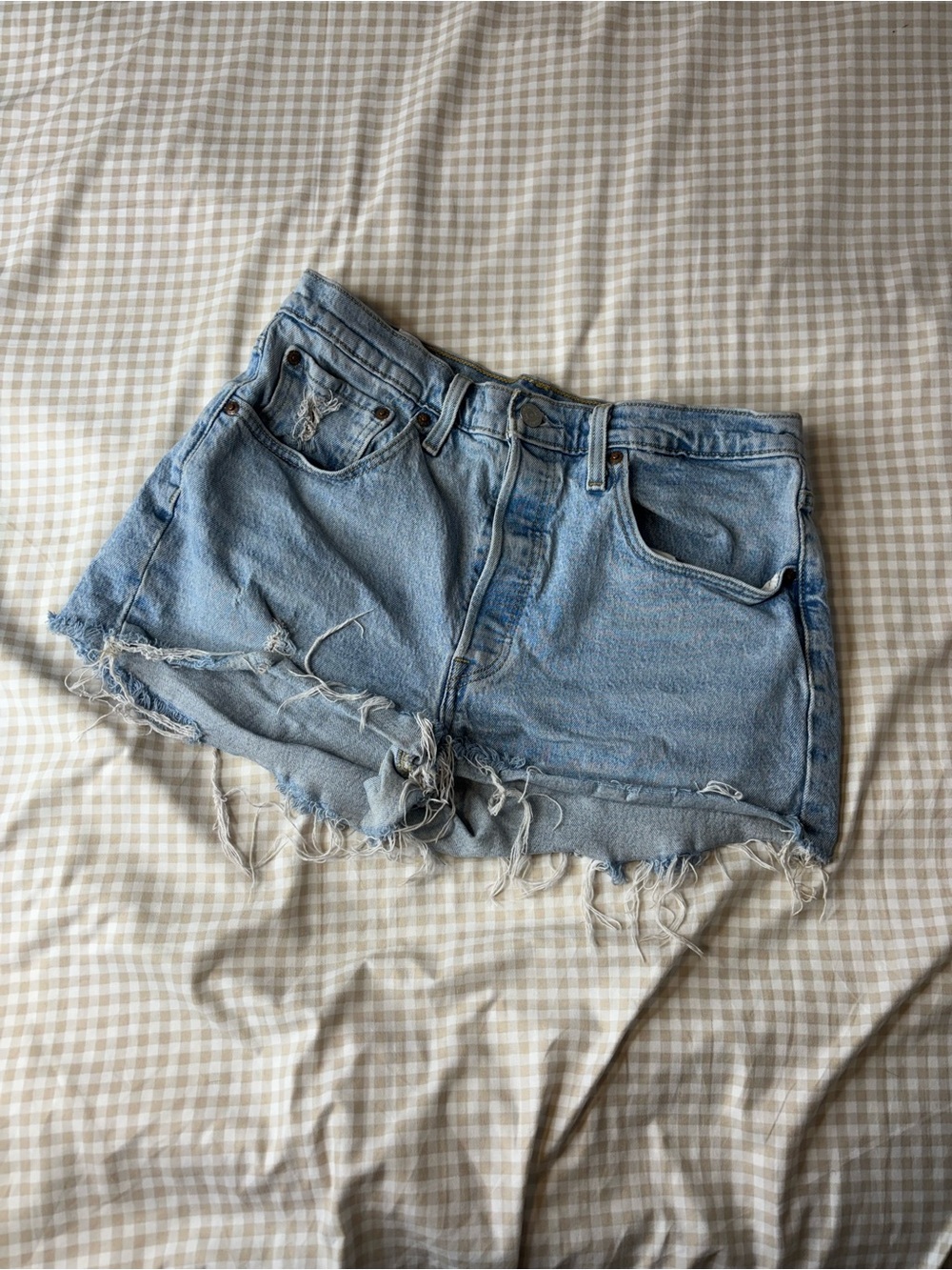 Levi's Women 501 Button Fly Raw Hem Ripped High-Rise Denim Short